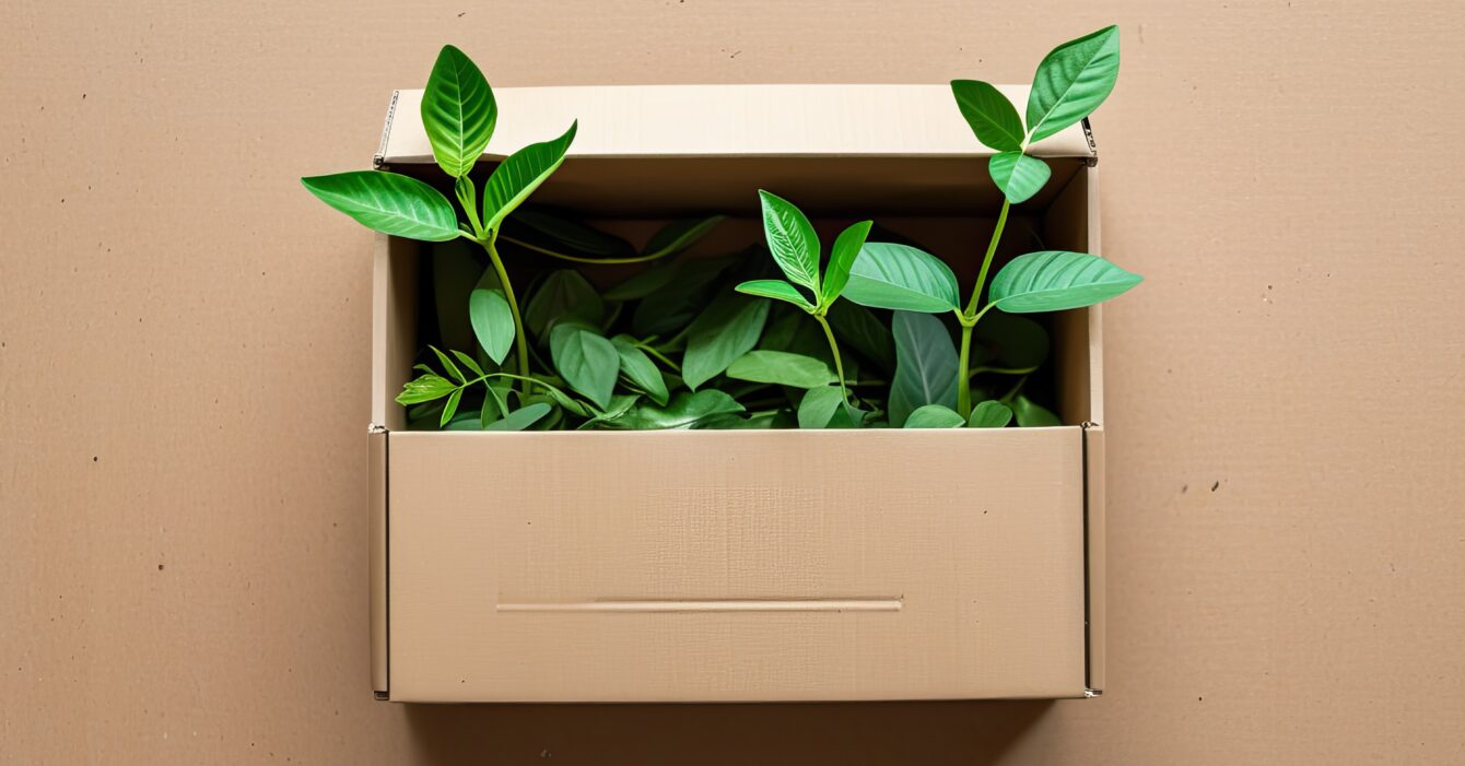cardboard-box-filled-with-fresh-green-plants-symbolizing-ecofriendly-gifting Embalagens sustentáveis: tendência ou necessidade para as empresas?